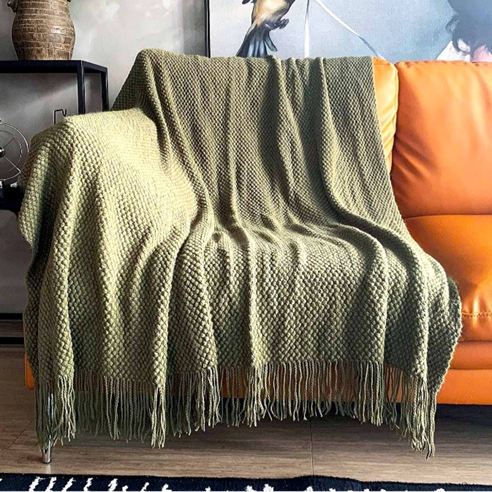 Olive Green Vintage/Rustic Minimalist Throw Tassel Farmhouse Knit Blanket/Cover